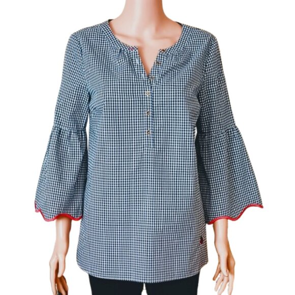 Talbots Tops - Talbots Gingham Ladybug Top S Black & White 3/4 Scalloped Bell Sleeve Tunic